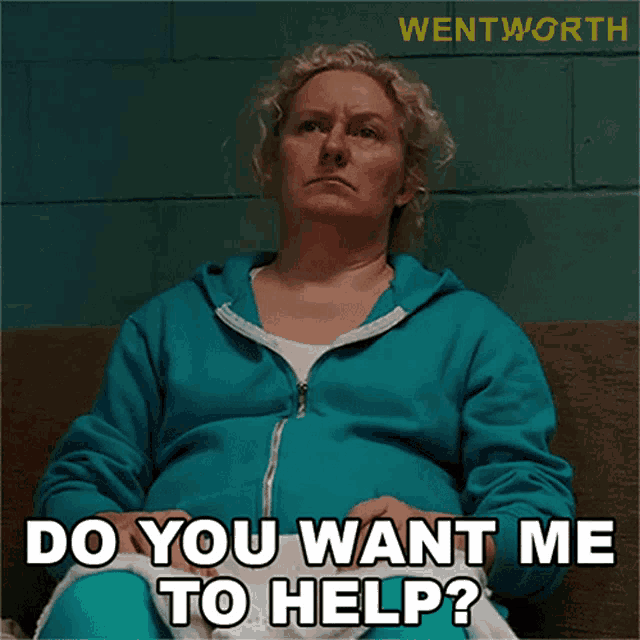 a woman in a blue sweatshirt is sitting on a couch and says " do you want me to help "