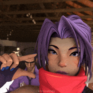 a cartoon character with purple hair and a red scarf around her neck has the name knmzunhex on the bottom right
