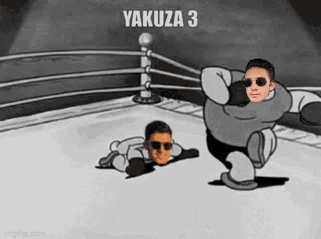 a cartoon of two men fighting in a boxing ring with the words yakuza 3 on the bottom