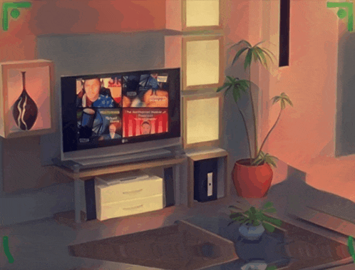 a painting of a living room with a tv on a stand