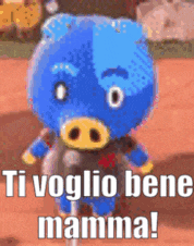 a blue stuffed animal with a yellow nose and the words `` ti voglio bene mamma '' written on it .