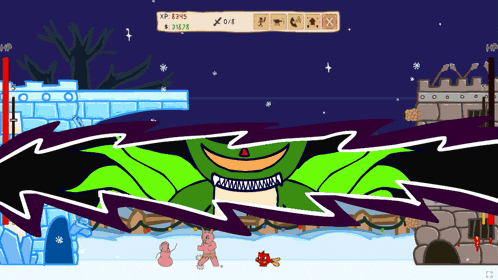 a screen shot of a video game with a green monster with a huge smile