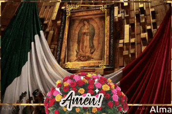 an amen greeting card with a picture of the virgin mary in the background