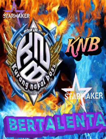 a logo for knb is surrounded by flames and stars