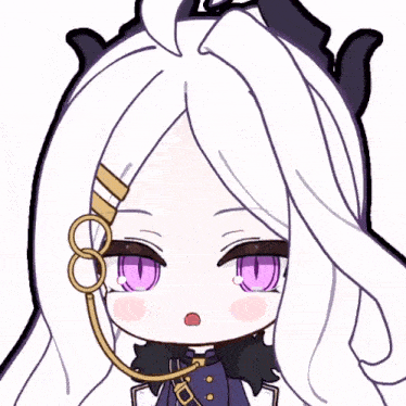 a cartoon character with white hair and purple eyes .