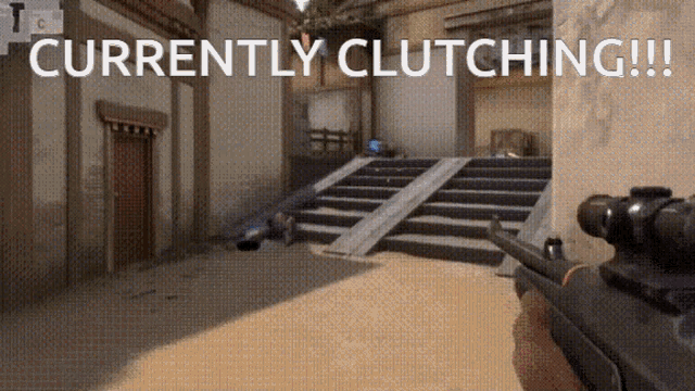 a person holding a gun in front of a building with the words currently clutching