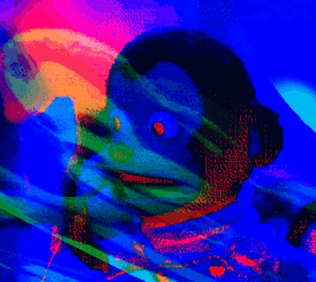 a colorful painting of a person 's face with red eyes