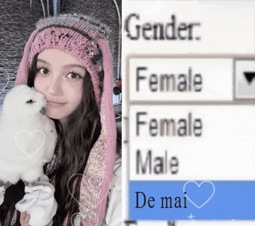 a woman in a pink hat is holding a white bird next to a sign that says gender female male and de mai