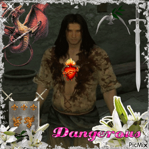 a picture of a man with a heart on his chest and the word dangerous on the bottom
