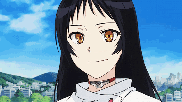 a girl with long black hair and orange eyes is wearing a choker around her neck