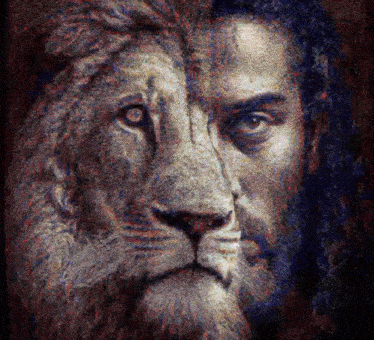 a painting of a man and a lion 's faces .