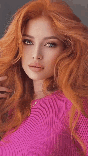 a woman with long red hair is wearing a pink sweater