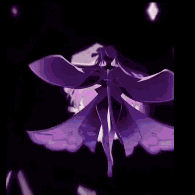 a woman in a purple dress is holding a sword .