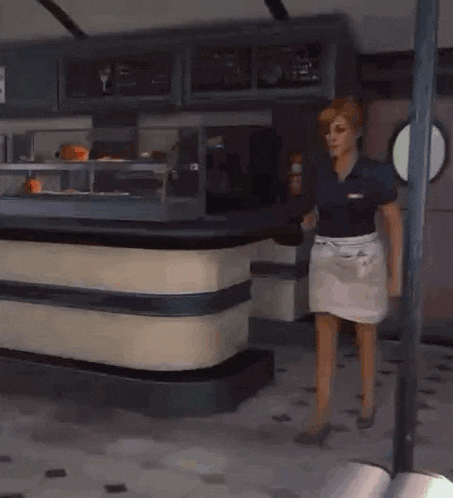 a woman is walking in front of a restaurant counter .