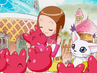 a girl is holding a pink cat and a white cat in front of a castle