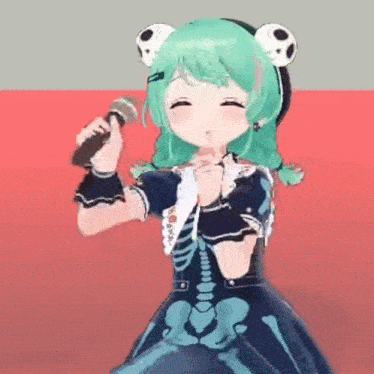 a 3d anime girl is singing into a microphone while wearing a frog hat .
