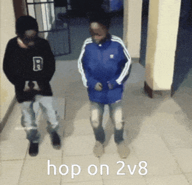 two men are dancing in a hallway with the words hop on 2v8 on the bottom