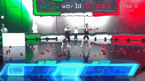 two wrestlers are dancing in front of a sign that says " latino world order "