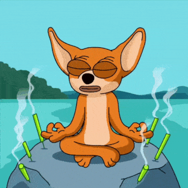 a cartoon dog sits in a lotus position on a rock surrounded by incense sticks