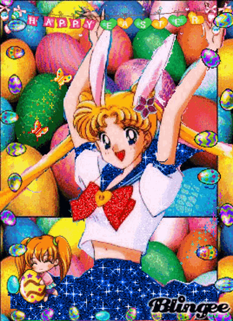 a picture of a girl with bunny ears surrounded by easter eggs