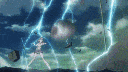 a girl is standing in front of a lightning strike