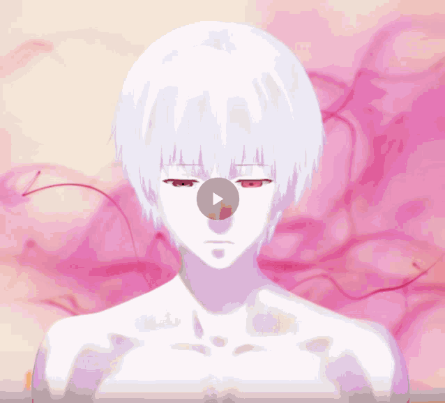 a drawing of a man with white hair against a pink background