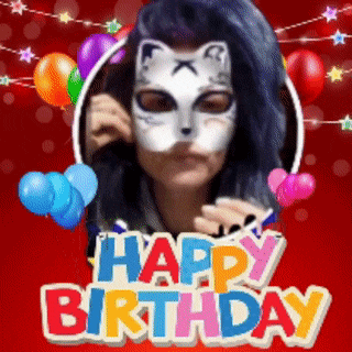 a woman wearing a cat mask is surrounded by balloons and the words " happy birthday "