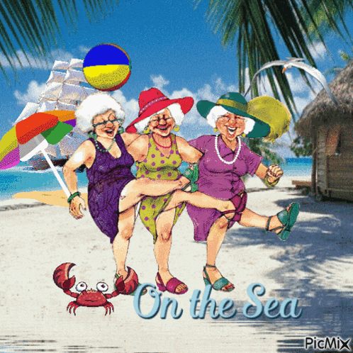 a cartoon of three elderly women on a beach with the words " on the sea " below them