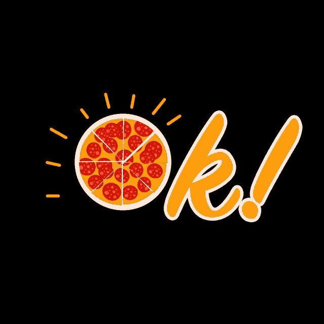 a pizza with a slice taken out of it and the word ok
