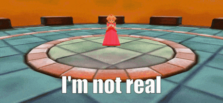 a video game character is standing in a circle with the words " i 'm not real " below her