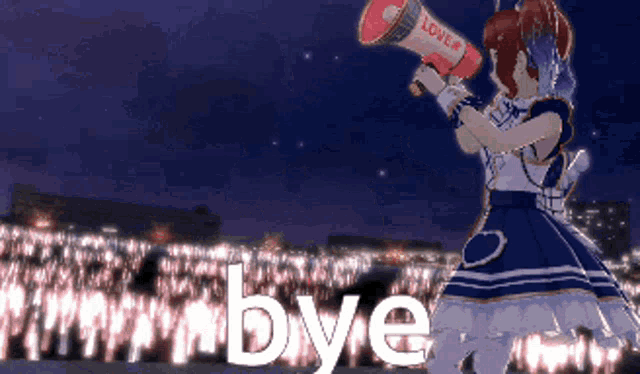 a girl in a blue dress is holding a megaphone that says love on it
