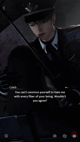 a man in a military uniform is holding an umbrella and says caleb you can 't convince yourself to hate me
