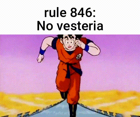 a cartoon character is running down a road with the words `` rule 846 : no vestia '' .