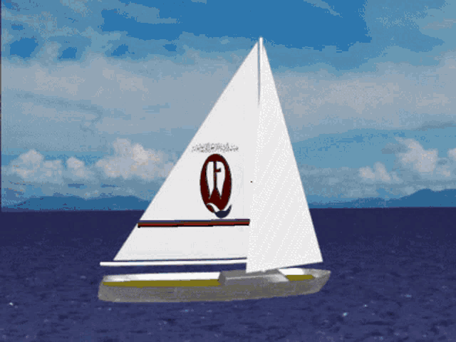 a sailboat with the letter q on the sail is in the ocean