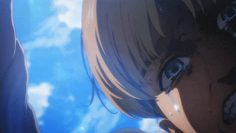 a close up of a cartoon character 's face with a blue sky in the background