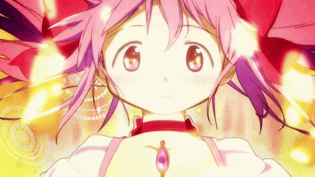 a close up of a pink haired anime girl with a necklace around her neck
