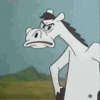 a cartoon horse is standing in a field with an angry expression on its face .