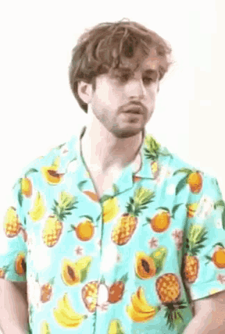 a man with a beard is wearing a hawaiian shirt with pineapples , bananas , and oranges on it .