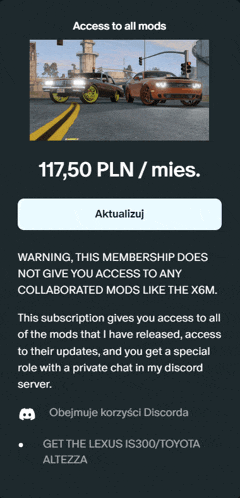 a screen that says access to all mods with a picture of cars