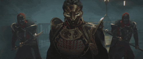 a man in armor stands in front of a group of ninjas