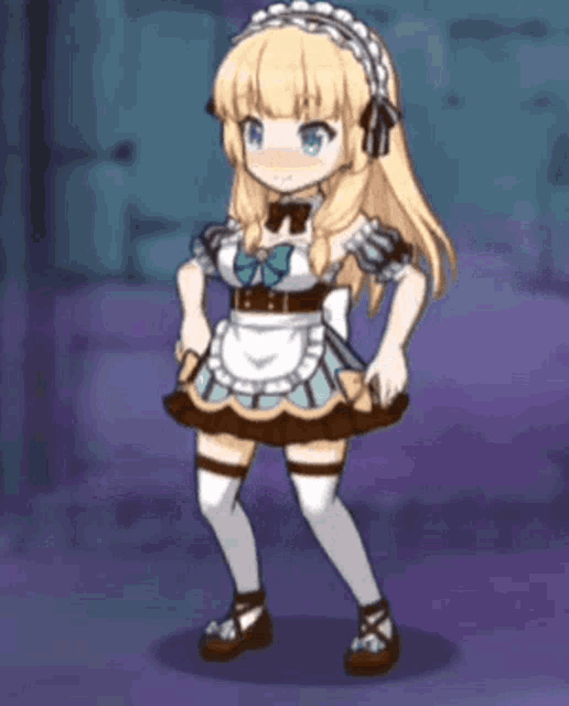a cartoon girl in a maid outfit is standing in a dark room