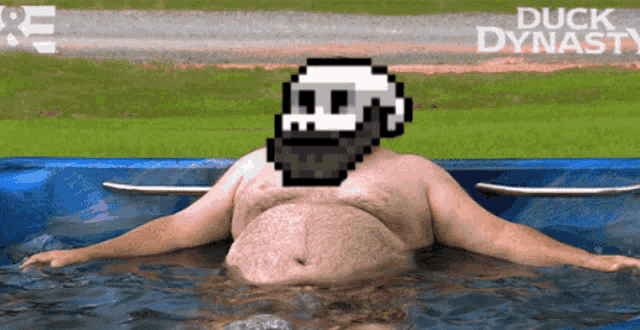 a pixelated image of a man in a pool with the words " duck dynasty " behind him