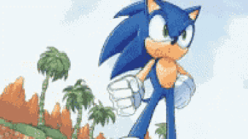 a cartoon of sonic the hedgehog standing on top of a hill .