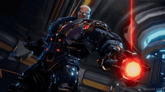 a video game character is holding a red object with the words yes written on it