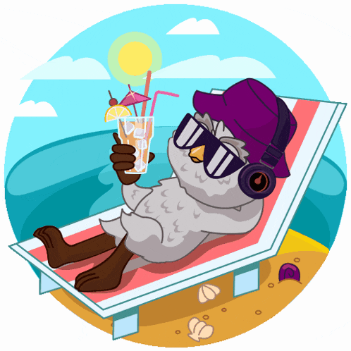 a cartoon owl wearing sunglasses and headphones is laying on a beach chair holding a drink