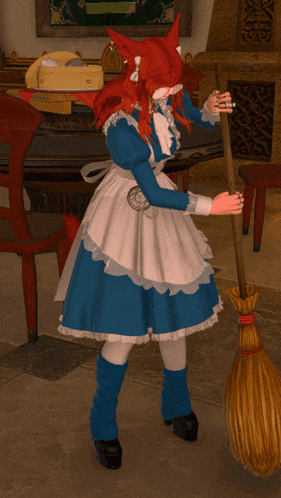 a red haired maid in a blue and white dress holds a broom