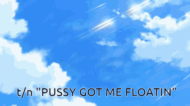 a blue sky with white clouds and the words " pussy got me floatin " on the bottom