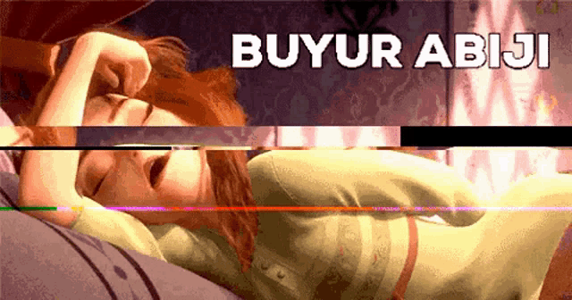 a cartoon of a woman laying on a bed with the words buyur abiji below her