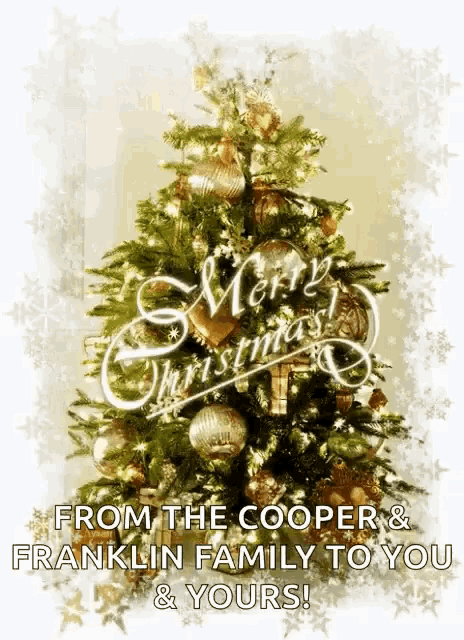 a christmas tree with the words merry christmas from the cooper and franklin family to you & yours