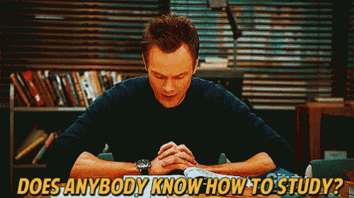a man is sitting at a table with his hands folded and the words " does anybody know how to study " below him
